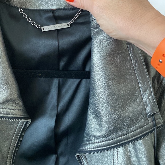 EUC Elie Tahari metallic silver grey leather jacket with silky black lining XS - Picture 11 of 13